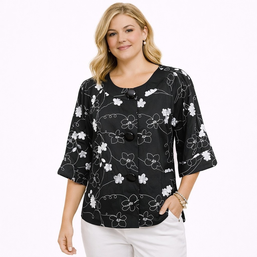 New w/tags‎ JOSEPHINE CHAUS Size 8 Black & White Embroidered 100% Cotton Shacket